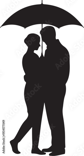 Black silhouette of couple kissing under umbrella white background