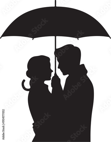 Black silhouette of couple kissing under umbrella white background