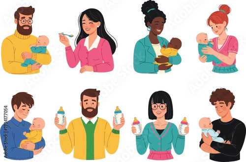 a diverse group of parents lovingly cradling and feeding their adorable babies in a heartwarming illustration high quality professional detailed modern