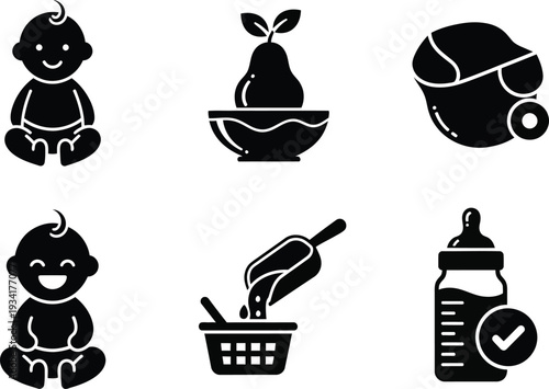 this image features a collection of black silhouette icons including baby faces a pear a bowl and baby items high quality