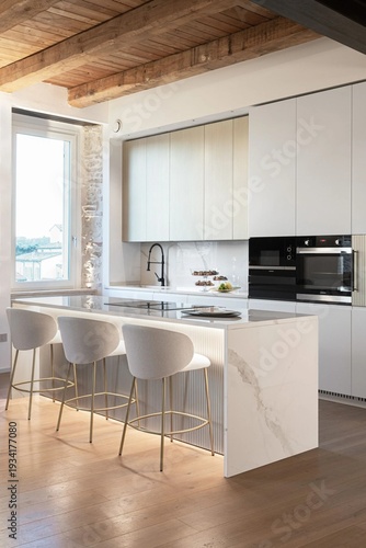 Modern luxury kitchen interior in minimal scandinavian style, 3d render