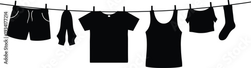 a simple black silhouette depicts various articles of clothing hanging on a clothesline suggesting laundry day high quality professional detailed modern