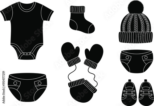 a collection of black silhouette icons showcasing essential baby clothing items like a onesie socks hat mittens and diaper high quality