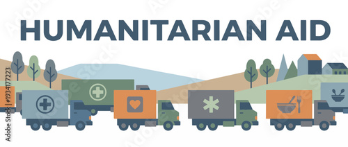 Humanitarian aid convoy with delivery trucks. Medical and food relief vector banner