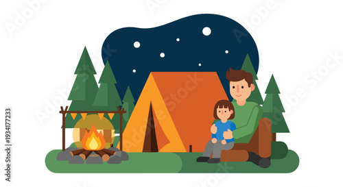 Illustration of a father and son sitting by a campfire at night with a tent and trees in a serene forest setting under a starry sky.