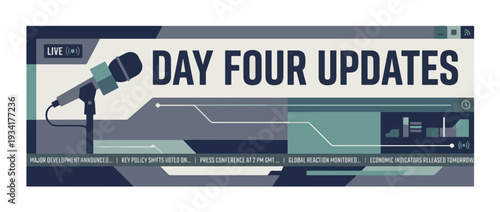 Live news briefing screen with microphone. Day four updates broadcast vector banner