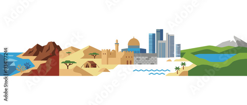 Israel landscape panorama with famous landmarks. Jerusalem, Tel Aviv, and desert vector illustration