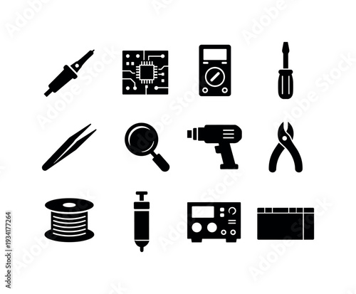 Collection of electronic repair tools and components in a clean icon set