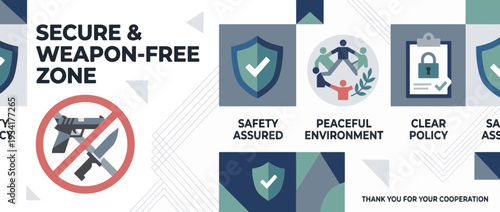 Secure and weapon-free zone banner. Safety policy and prohibition signs. Flat vector design