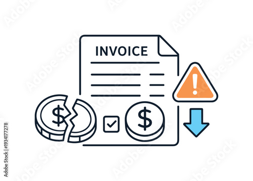 Financial invoice with broken coin and warning sign indicating economic crisis