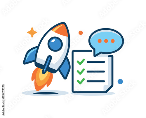 Cartoon rocket launching next to a checklist with a speech bubble, symbolizing startup success