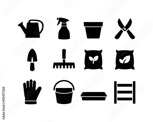 Collection of black gardening icons representing tools and supplies for planting and cultivation