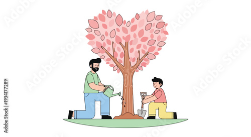 Illustration of a man and a woman planting a tree with pink blossoms in a simple, flat design style on a white background.