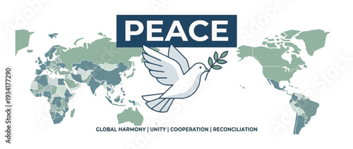 Peace dove flying over world map banner. Global harmony and unity concept. Vector illustration with text