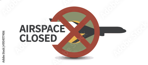 Airspace closed warning sign. Airplane silhouette with prohibition symbol. Vector icon illustration