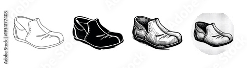 Casual shoe presented in various artistic black and white styles, showcasing different graphic design techniques for illustration.