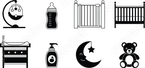 a collection of simple black and white icons depicting baby essentials like cribs bottles and toys arranged in a grid format