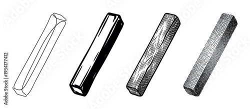 Four rectangular objects demonstrate diverse black and white illustration styles, showcasing different textures and shading methods.