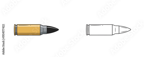 Bullet cartridge shown in colored and line art styles with gold and silver colors used for firearm ammunition or military equipment isolated on white background