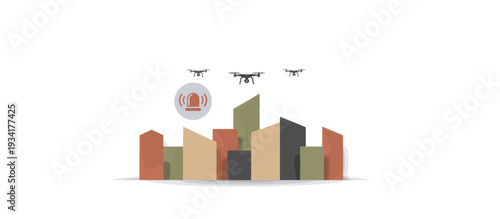 Drone alert concept over city skyline. Urban security and surveillance vector illustration with siren icon