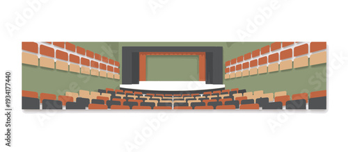 Empty theater or auditorium hall interior. Cinema and concert venue with seats and stage. Flat vector illustration