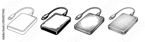 External hard drive with connected USB cable shown in different artistic black and white drawing styles.