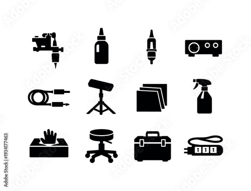 Collection of black icons representing tattoo artist tools and supplies on a white background