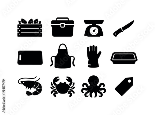 Collection of seafood and kitchen equipment icons for food preparation and sale