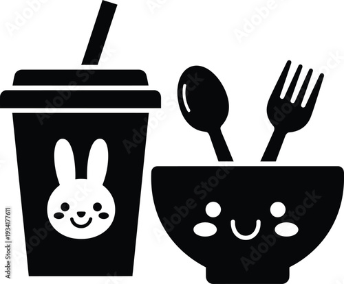 a simple black and white illustration depicts a beverage cup bowl utensils and a cute bunny graphic presenting a dining concept