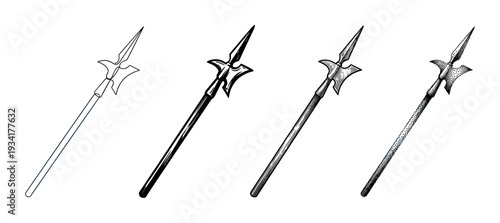 Four different styles of medieval polearm illustrations showcasing various artistic techniques from outline to stippling.