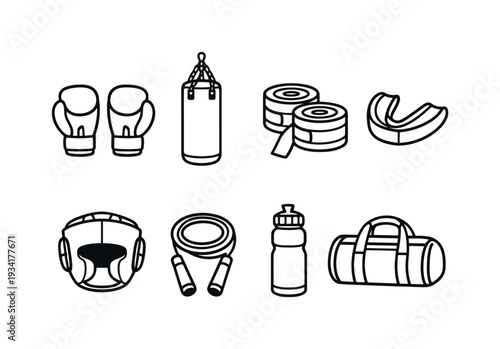 Collection of boxing and fitness equipment icons in a simple line art style