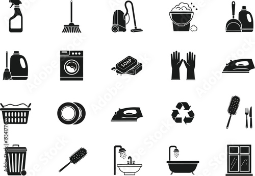 A collection of black and white icons depicting various cleaning supplies laundry appliances and household fixtures for maintaining a tidy home