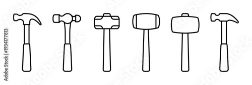 Six different types of hammers are displayed in a neat row, showcasing various tool designs for construction and repair work.