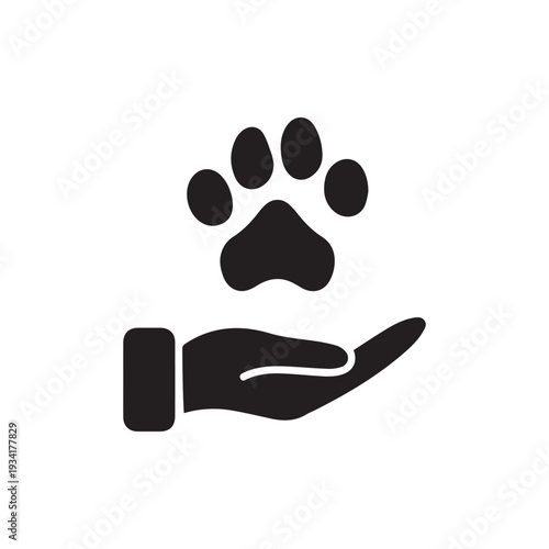 Animal Paw and Human Hand Silhouette Icon. Animal Donation, Care and Protection concept. Adoption of Pets, Shelter, Charity Icon. Animal welfare Pictogram. Vector illustration 