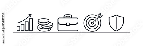 Business growth, finance, goals, and security icons arranged in a line on a white background