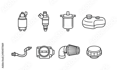 Set of automotive engine components and parts in a clean line art style