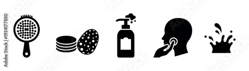 Hygiene and beauty products represented as simple black silhouette icons for personal care routines.