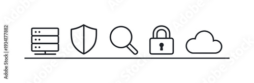 Server, shield, magnifying glass, padlock, and cloud icons representing data security and cloud services
