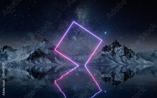 Glowing neon lines on the lake at night, 3d rendering.