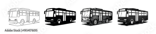 Four distinct bus illustration styles presented in black and white, showcasing various artistic techniques for transportation design.
