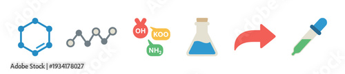 Scientific process icons showing molecular bonds, functional groups, laboratory glassware, and a dropper for chemical research.