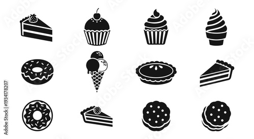 Assortment of Sweet Treats: Cakes, Cupcakes, Donuts, and Ice Cream Cones in Monochrome