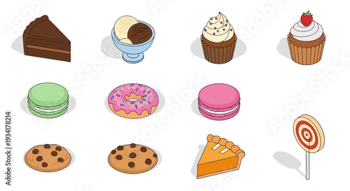 Assortment of Sweet Treats: Cake, Ice Cream, Cupcake, Macaroon, Donut, Cookie, Pie, and Candy