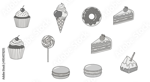 Assortment of sweet treats, illustrated in black and white, depicting desserts