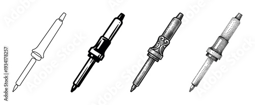 Four distinct soldering iron illustrations showcasing various artistic styles, perfect for technical or DIY design projects.