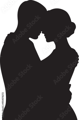 Black silhouette of couple kissing white background