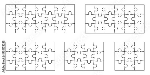 Jigsaw puzzle piece set in different sizes. Collection of template with piece outlines in patterns, different counts and grid layouts. Vector outlines for DIY game, educational activity design project