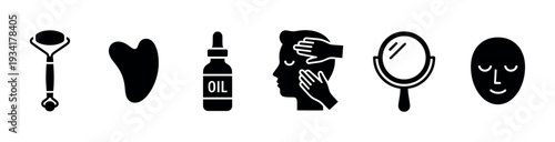 Skincare routine icons representing various beauty treatments, facial massage, and self-care practices for healthy skin.