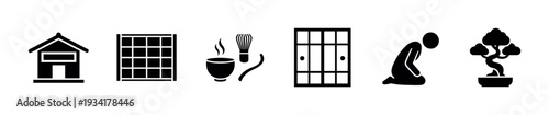 Traditional Japanese cultural elements represented as simple icons illustrating various aspects of the country's heritage.