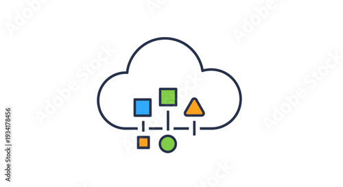 Cloud computing illustration of a network diagram with connected shapes and a cloud symbol